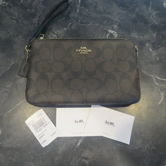 Coach Signature Brown Double Zip Wristlet Wallet Two Compartment NWT (B1) - Picture 2 of 7